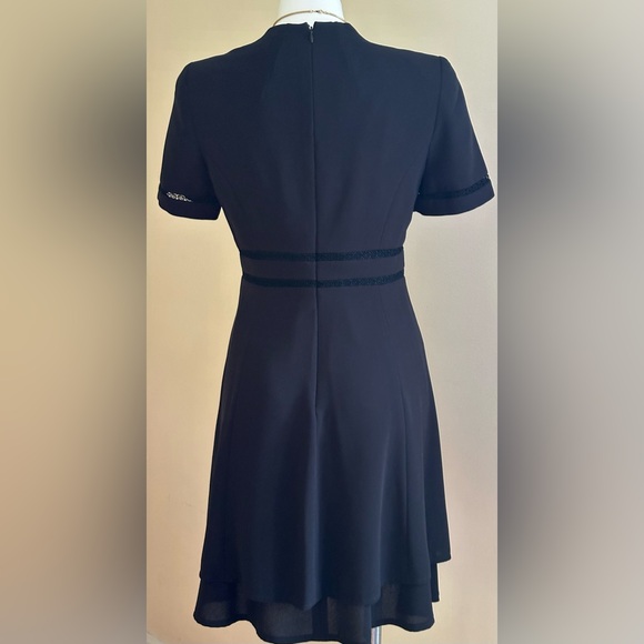 Liz Claiborne Black Midi Dress Square Neck Striped Lace Sleeves & Waist Sz P8 - Picture 9 of 16